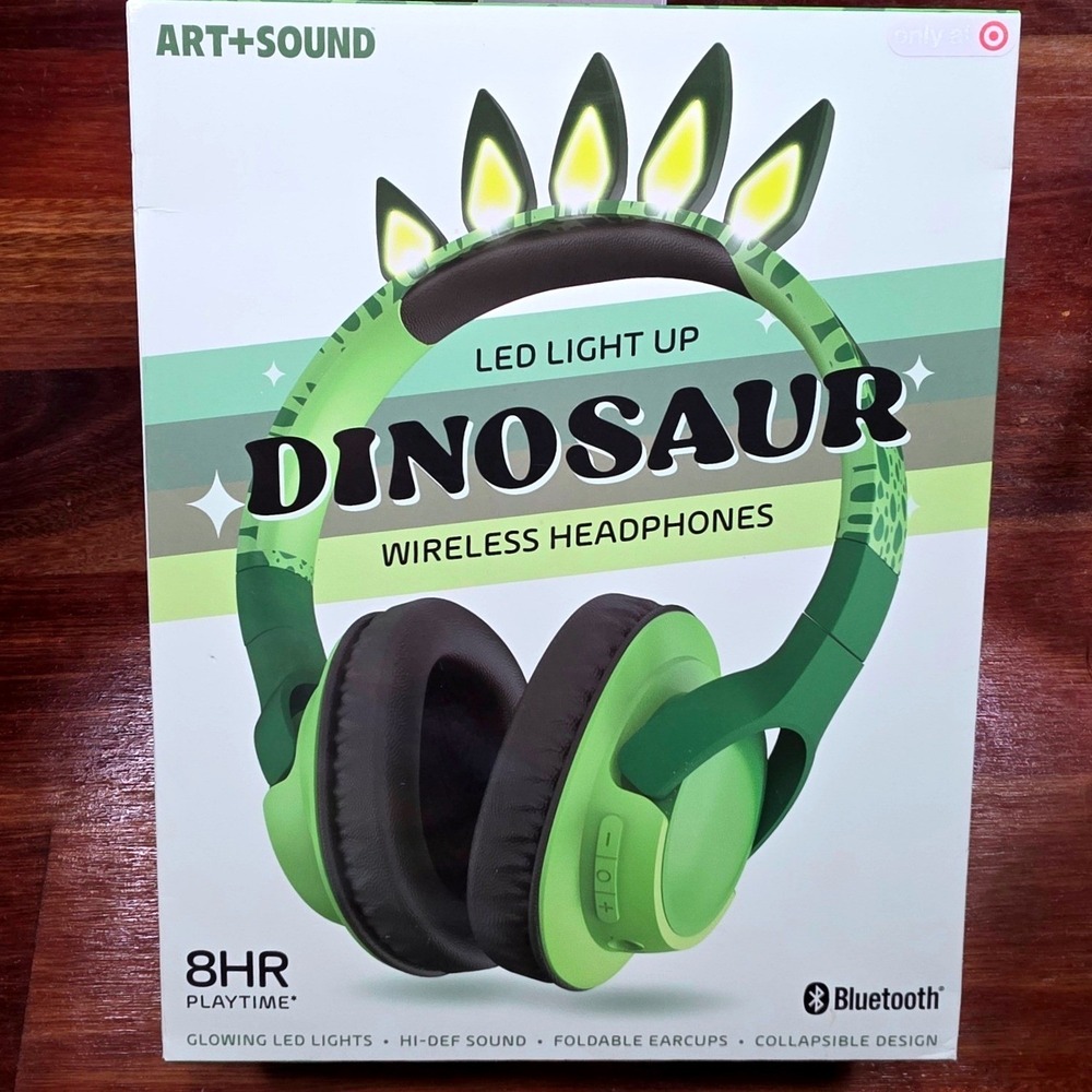 Art+Sound LED Light Up Dinosaur Wireless Headphones Green Bluetooth Foldable NEW